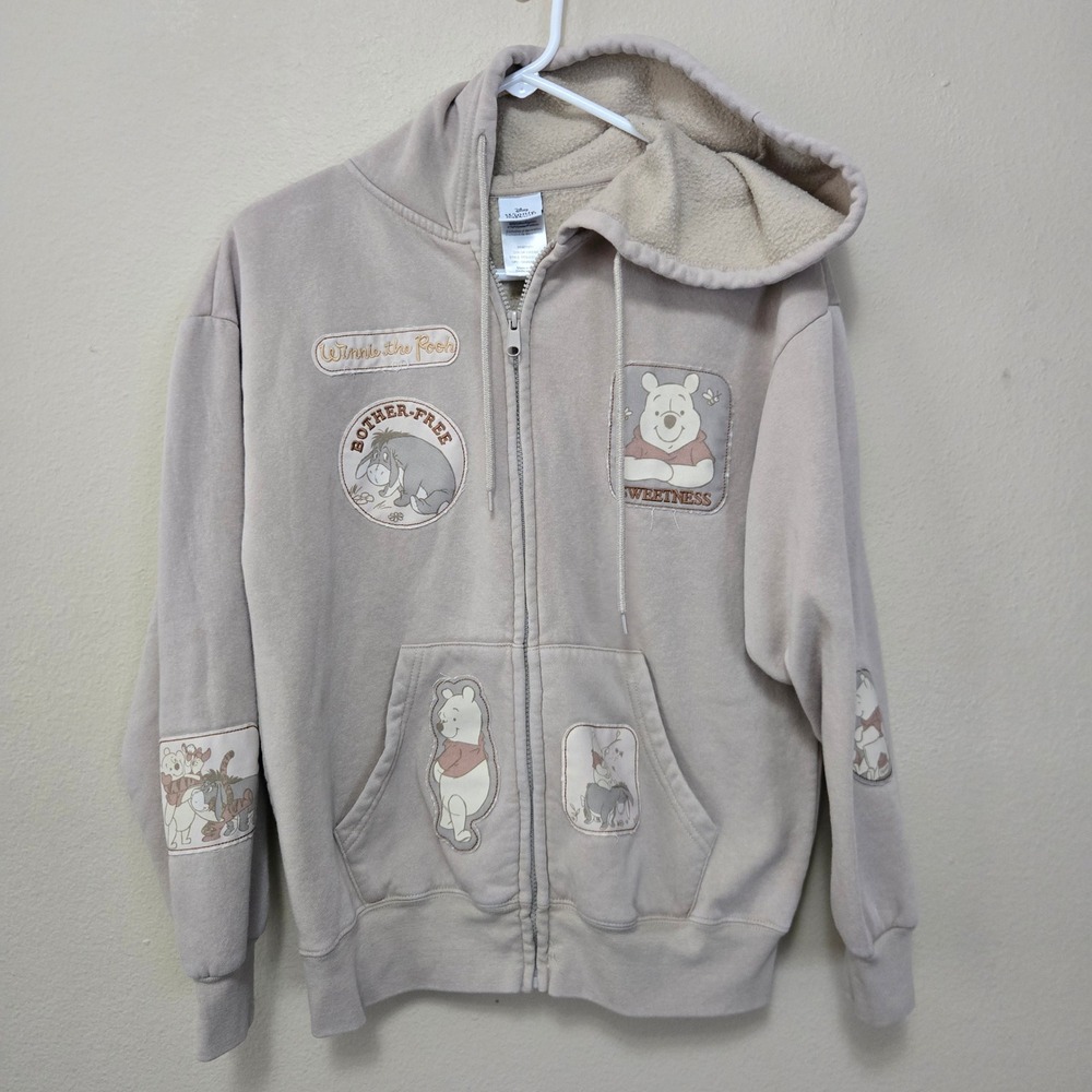 Disney Winnie the Pooh Cream Zip Hoodie Eeyore Tigger Patches XS POSJC21-4L16